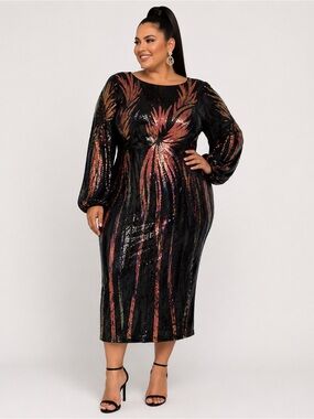 Faeriesty “Sunset” Black Sequin Midi Dress with Iridescent Print Size 4XL